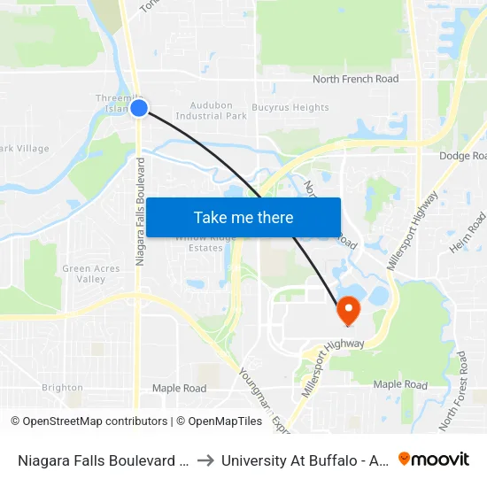 Niagara Falls Boulevard Creekside D to University At Buffalo - Alumni Arena map