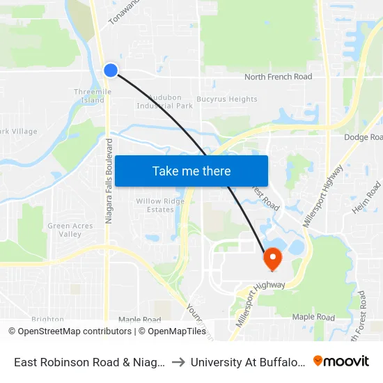 East Robinson Road & Niagara Falls Boulevard to University At Buffalo - Alumni Arena map