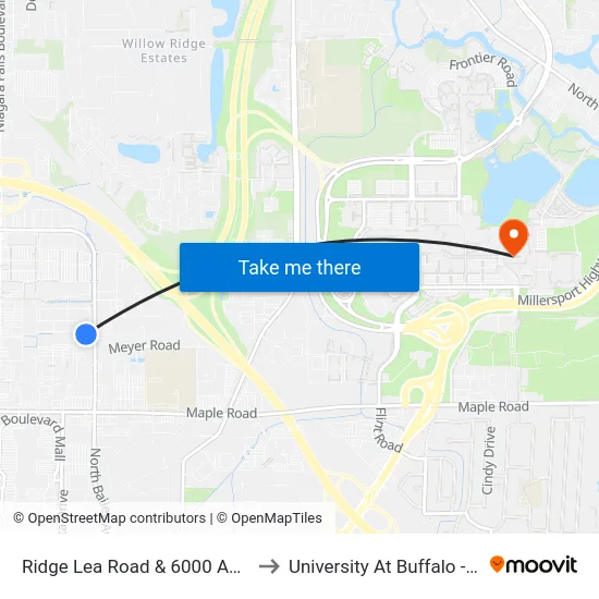 Ridge Lea Road & 6000 Amherst Dev. Park to University At Buffalo - Alumni Arena map