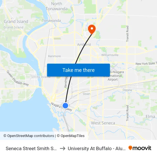 Seneca Street Smith Street East to University At Buffalo - Alumni Arena map