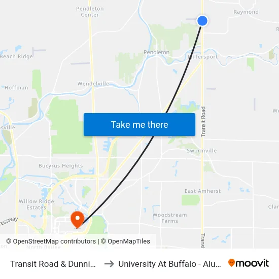 Transit Road & Dunnigan Road to University At Buffalo - Alumni Arena map