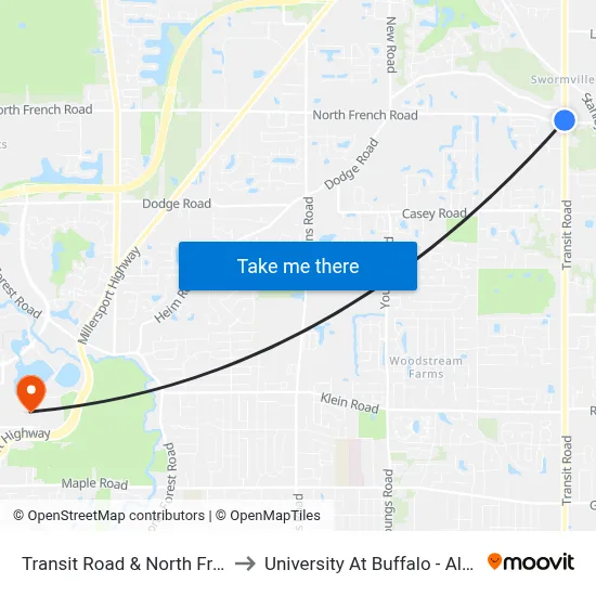 Transit Road & North French Road to University At Buffalo - Alumni Arena map