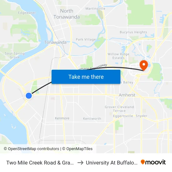 Two Mile Creek Road & Grand Island Boulevard to University At Buffalo - Alumni Arena map