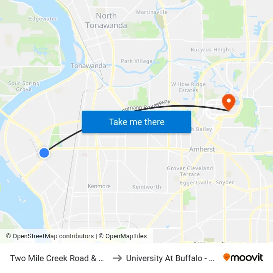 Two Mile Creek Road & Oakview Drive to University At Buffalo - Alumni Arena map