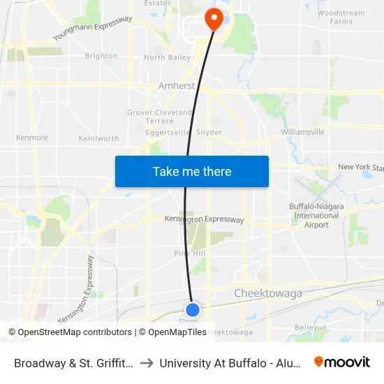 Broadway & St. Griffith Street to University At Buffalo - Alumni Arena map