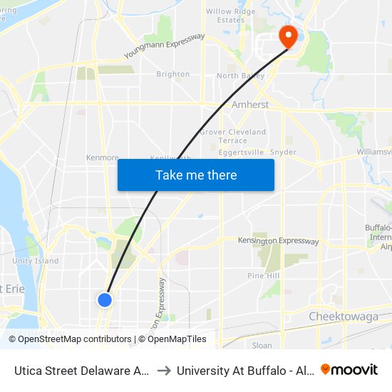 Utica Street Delaware Avenue West to University At Buffalo - Alumni Arena map