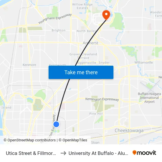 Utica Street & Fillmore Avenue to University At Buffalo - Alumni Arena map