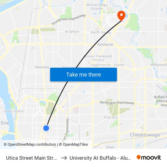 Utica Street Main Street East to University At Buffalo - Alumni Arena map
