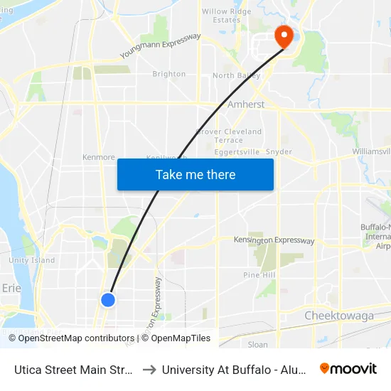 Utica Street & Main Street to University At Buffalo - Alumni Arena map