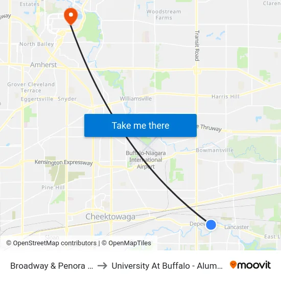 Broadway & Penora Street to University At Buffalo - Alumni Arena map
