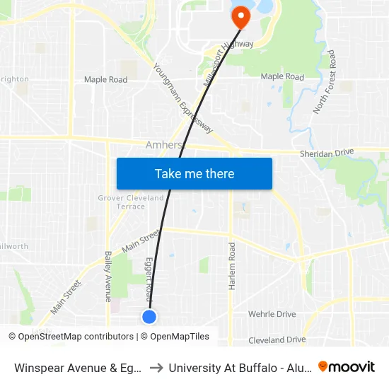 Winspear Avenue & Eggert Road to University At Buffalo - Alumni Arena map