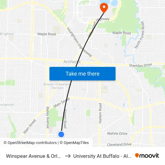 Winspear Avenue & Orleans Street to University At Buffalo - Alumni Arena map