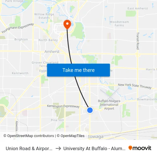 Union Road & Airport Plaza to University At Buffalo - Alumni Arena map