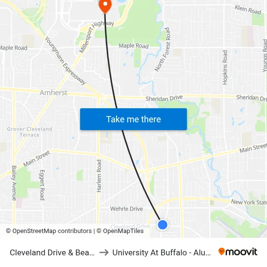 Cleveland Drive & Beach Road to University At Buffalo - Alumni Arena map