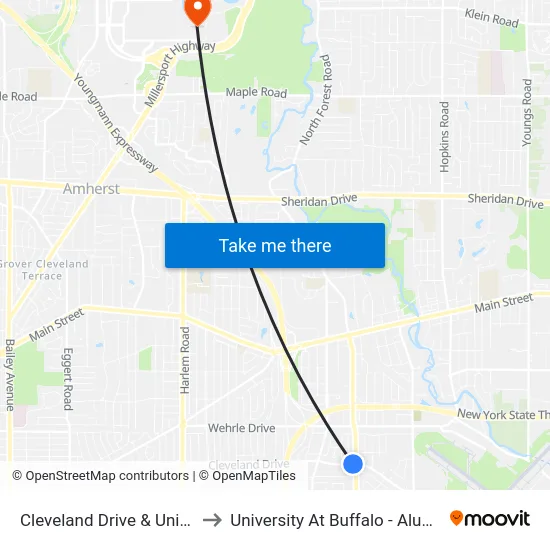 Cleveland Drive & Union Road to University At Buffalo - Alumni Arena map