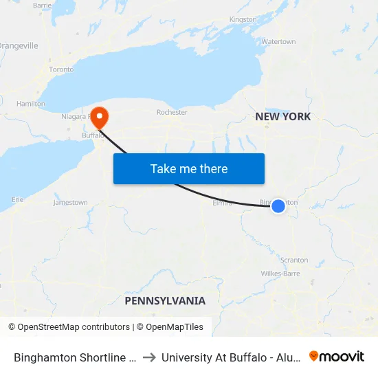 Binghamton Shortline Terminal to University At Buffalo - Alumni Arena map