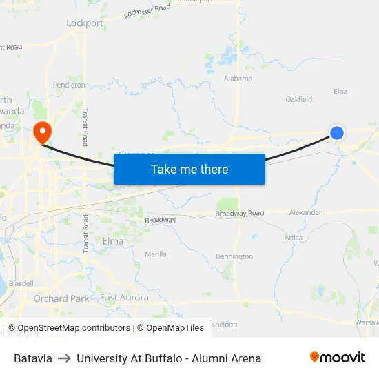Batavia to University At Buffalo - Alumni Arena map