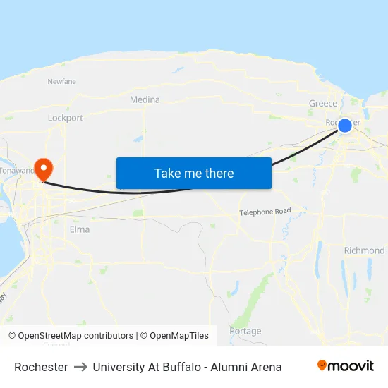 Rochester to University At Buffalo - Alumni Arena map