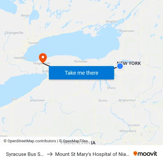 Syracuse Bus Station to Mount St Mary's Hospital of Niagara Falls map