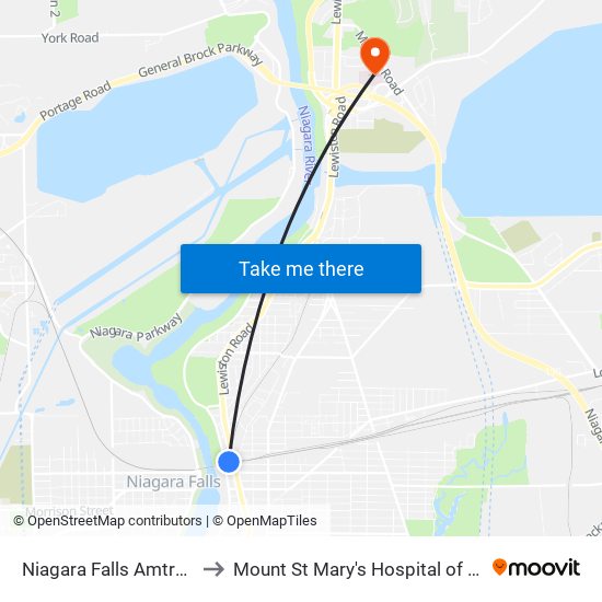 Niagara Falls Amtrak Station to Mount St Mary's Hospital of Niagara Falls map