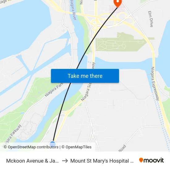 Mckoon Avenue & James Avenue to Mount St Mary's Hospital of Niagara Falls map