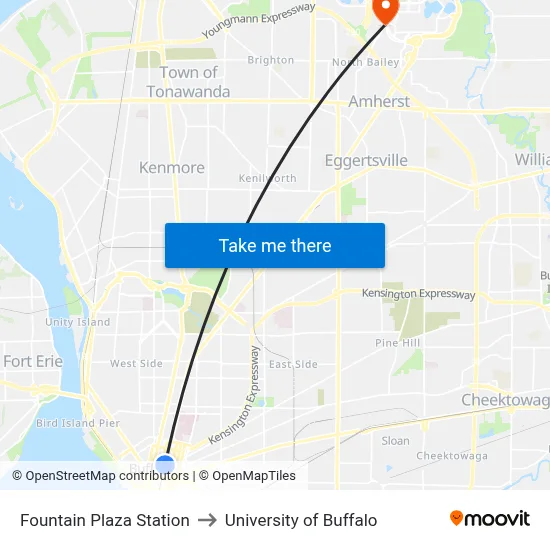 Fountain Plaza Station to University of Buffalo map