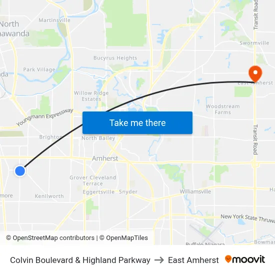 Colvin Boulevard & Highland Parkway to East Amherst map