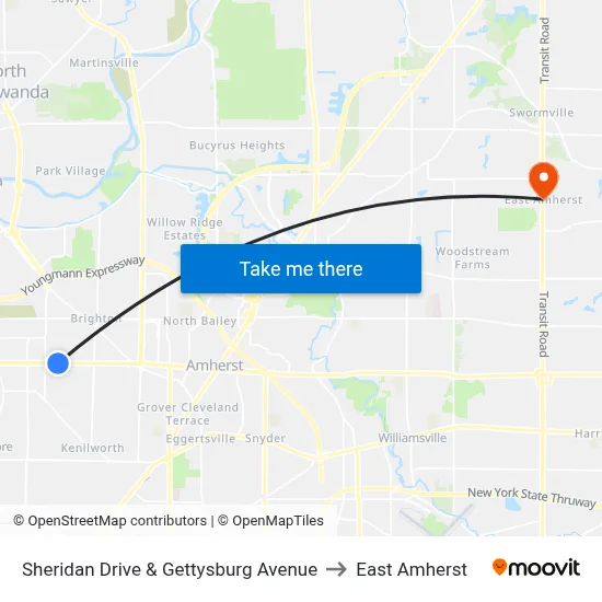 Sheridan Drive & Gettysburg Avenue to East Amherst map