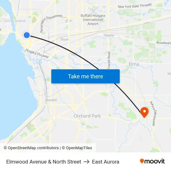 Elmwood Avenue & North Street to East Aurora map