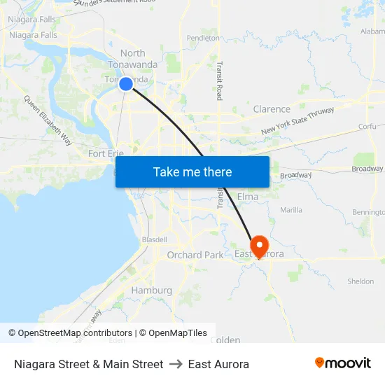 Niagara Street & Main Street to East Aurora map