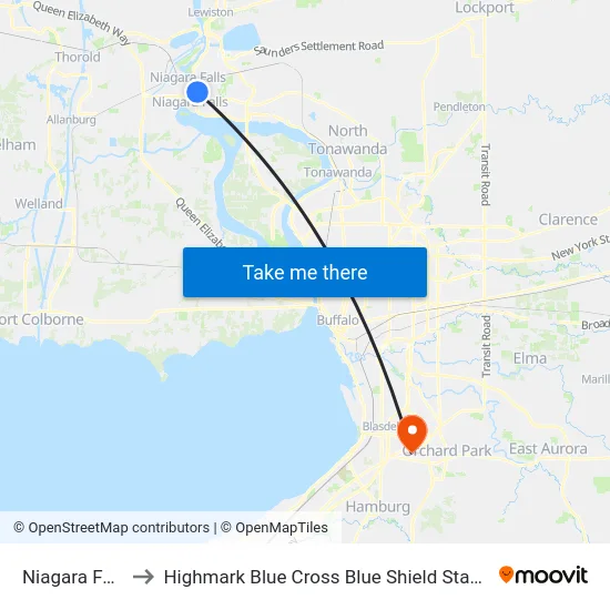 Niagara Falls to Highmark Blue Cross Blue Shield Stadium map