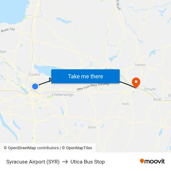 Syracuse Airport (SYR) to Utica Bus Stop map