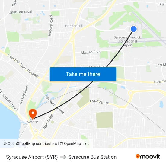 Syracuse Airport (SYR) to Syracuse Bus Station map