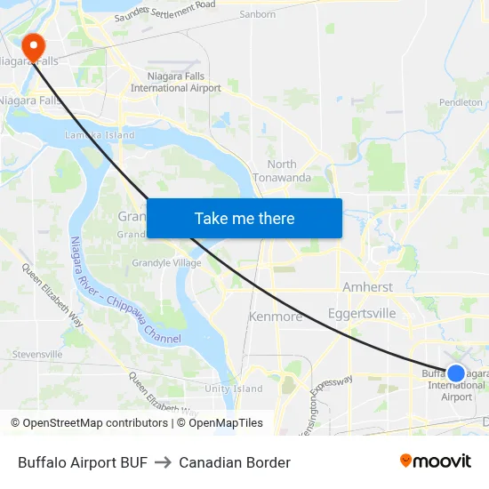 Buffalo Airport BUF to Canadian Border map