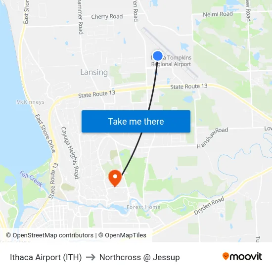Ithaca Airport (ITH) to Northcross @ Jessup map
