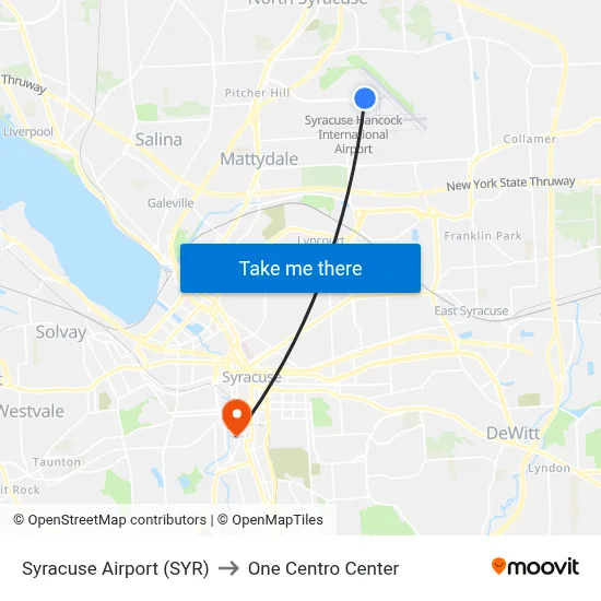 Syracuse Airport (SYR) to One Centro Center map