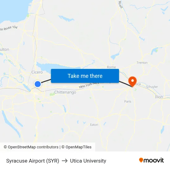 Syracuse Airport (SYR) to Utica University map