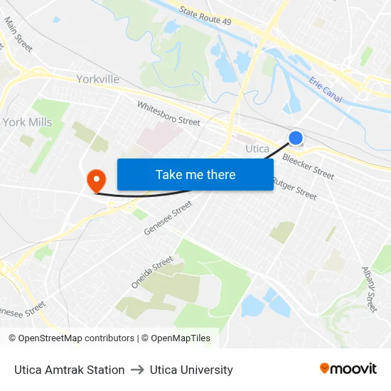 Utica Amtrak Station to Utica University map