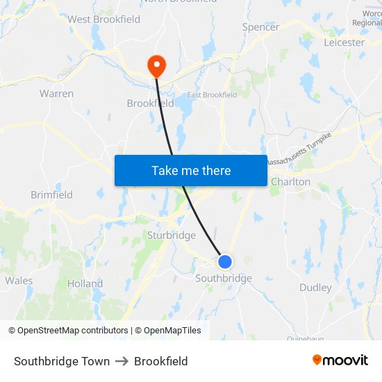 Southbridge Town to Brookfield map