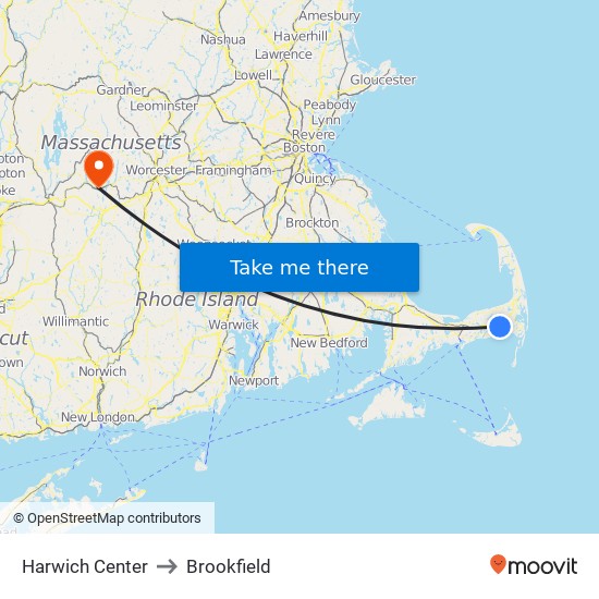Harwich Center to Brookfield map