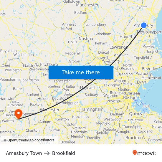 Amesbury Town to Brookfield map