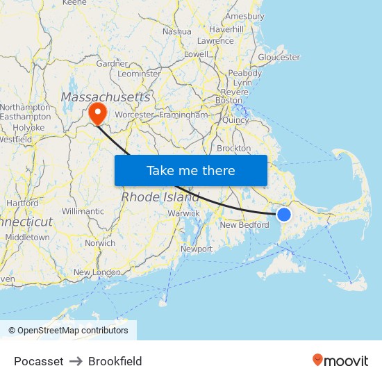 Pocasset to Brookfield map