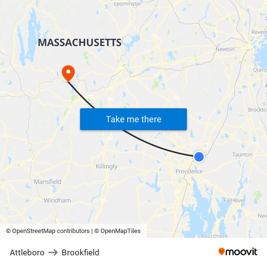 Attleboro to Brookfield map
