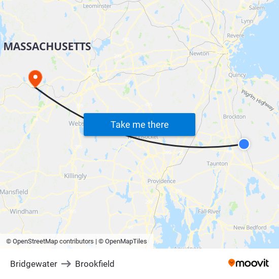 Bridgewater to Brookfield map