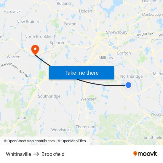 Whitinsville to Brookfield map