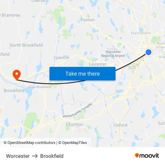 Worcester to Brookfield map