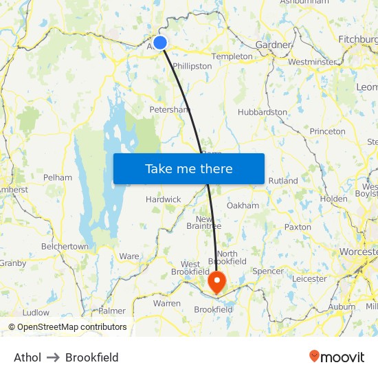 Athol to Brookfield map