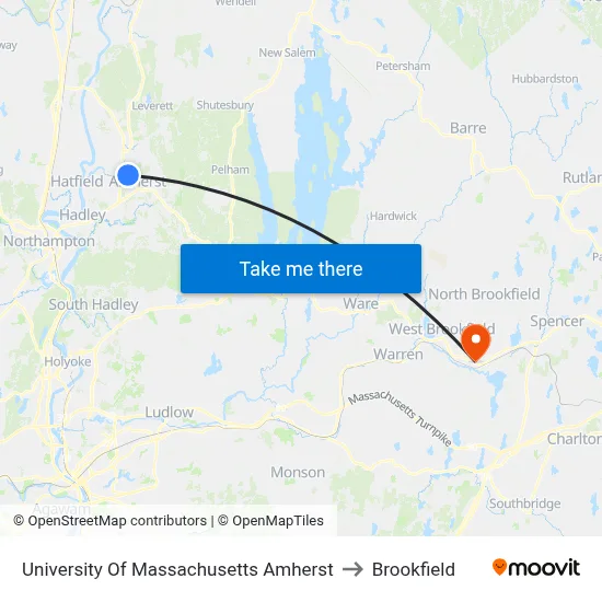 University Of Massachusetts Amherst to Brookfield map