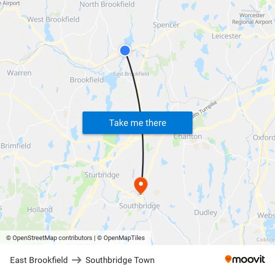East Brookfield to Southbridge Town map