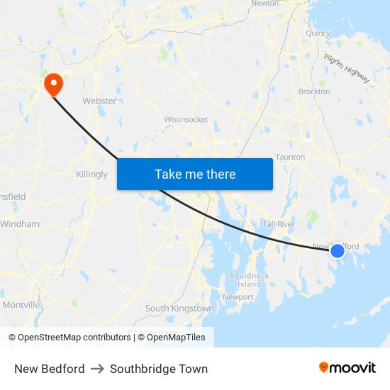 New Bedford to Southbridge Town map